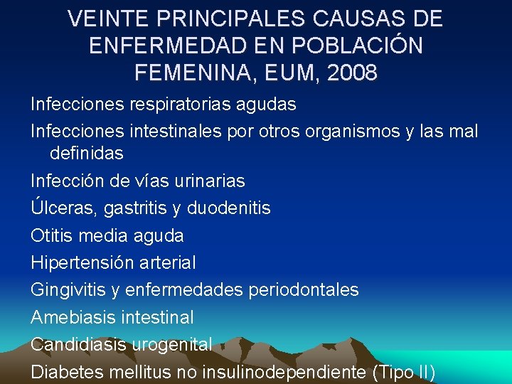 VEINTE PRINCIPALES CAUSAS DE ENFERMEDAD EN POBLACIÓN FEMENINA, EUM, 2008 Infecciones respiratorias agudas Infecciones