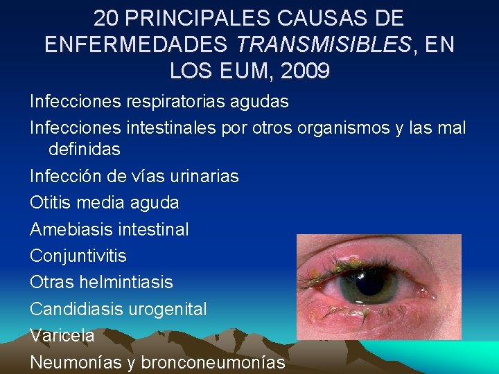 20 PRINCIPALES CAUSAS DE ENFERMEDADES TRANSMISIBLES, EN LOS EUM, 2009 Infecciones respiratorias agudas Infecciones