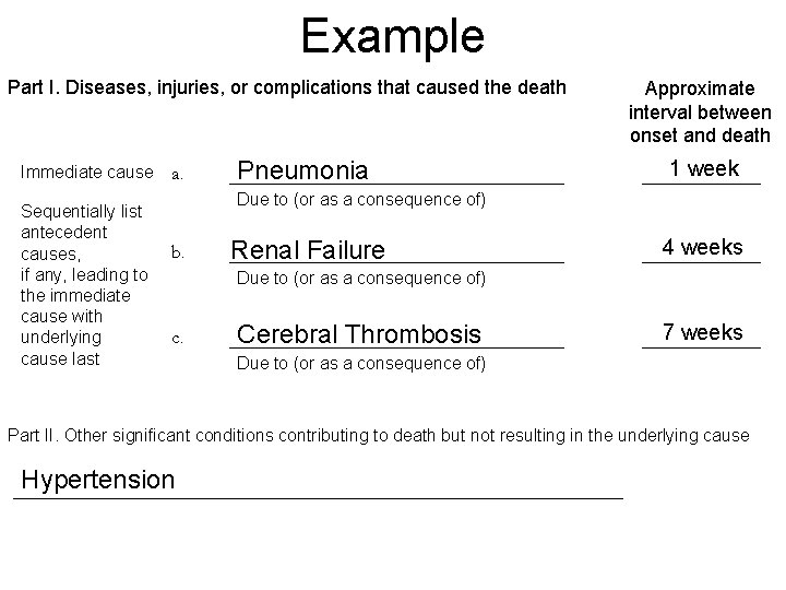 Example Part I. Diseases, injuries, or complications that caused the death Immediate cause Sequentially