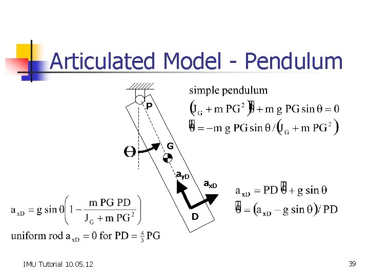 Articulated Model - Pendulum P G ay. D ax. D D IMU Tutorial 10.