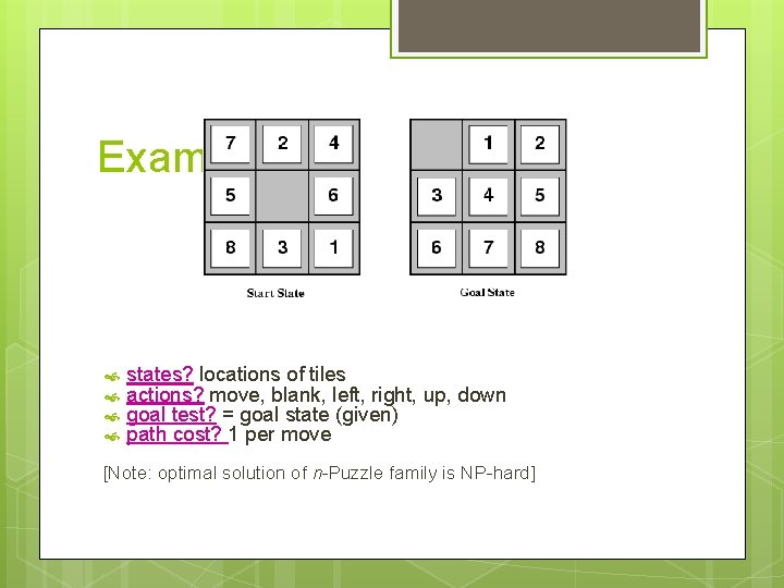 Example: The 8 -puzzle states? locations of tiles actions? move, blank, left, right, up,