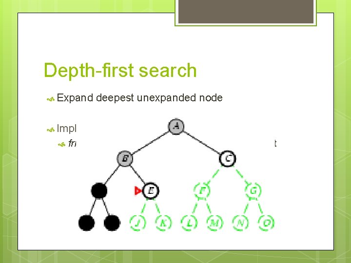 Depth-first search Expand deepest unexpanded node Implementation: fringe = LIFO queue, i. e. ,