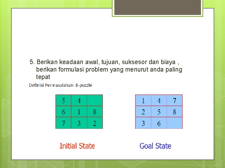 5. Berikan keadaan awal, tujuan, suksesor dan biaya , berikan formulasi problem yang menurut