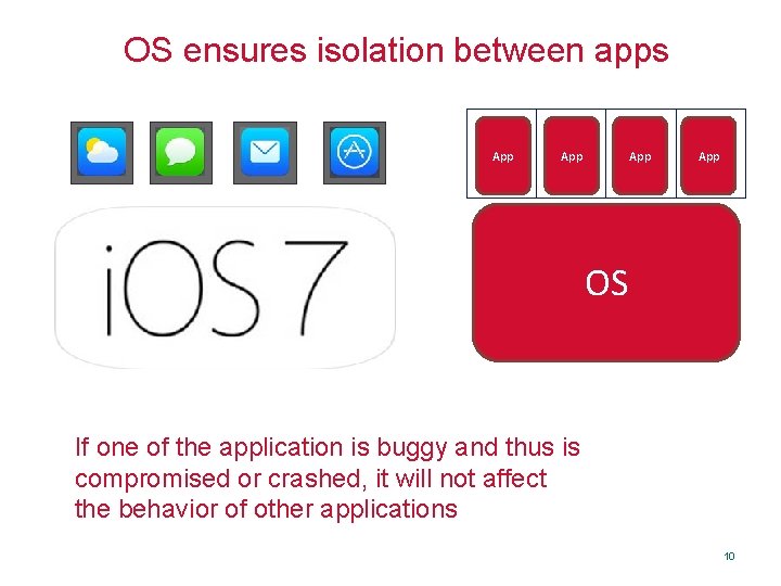 OS ensures isolation between apps App App OS If one of the application is