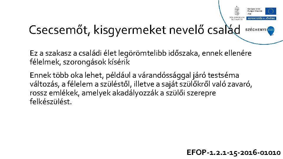 Csecsemőt, kisgyermeket nevelő család Ez a szakasz a családi élet legörömtelibb időszaka, ennek ellenére