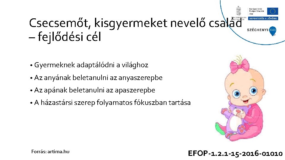 Csecsemőt, kisgyermeket nevelő család – fejlődési cél • Gyermeknek adaptálódni a világhoz • Az