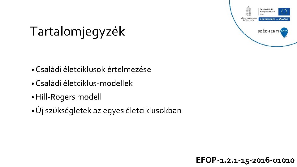 Tartalomjegyzék • Családi életciklusok értelmezése • Családi életciklus-modellek • Hill-Rogers modell • Új szükségletek