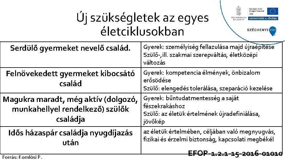 Új szükségletek az egyes életciklusokban Serdülő gyermeket nevelő család. Gyerek: személyiség fellazulása majd újraépítése