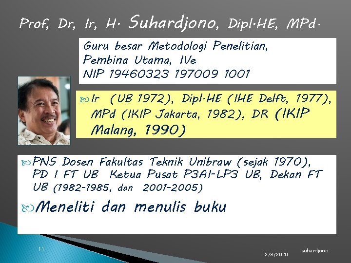 Prof, Dr, Ir, H. Suhardjono, Dipl. HE, MPd. Guru besar Metodologi Penelitian, Pembina Utama,