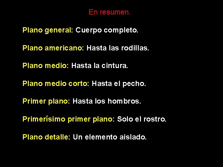 En resumen. Plano general: Cuerpo completo. Plano americano: Hasta las rodillas. Plano medio: Hasta