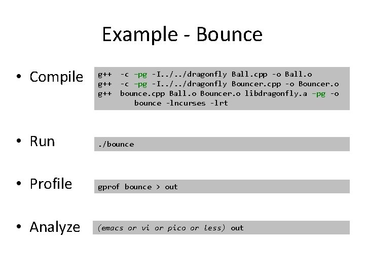 Example - Bounce • Compile g++ g++ -c –pg -I. . /dragonfly Ball. cpp