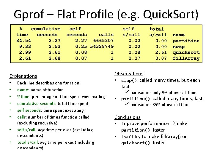 Gprof – Flat Profile (e. g. Quick. Sort) Explanations • • Each line describes