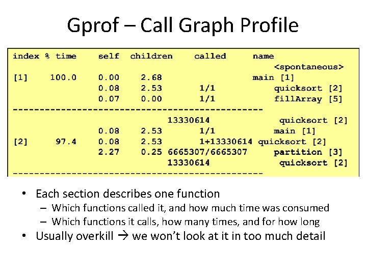 Gprof – Call Graph Profile • Each section describes one function – Which functions