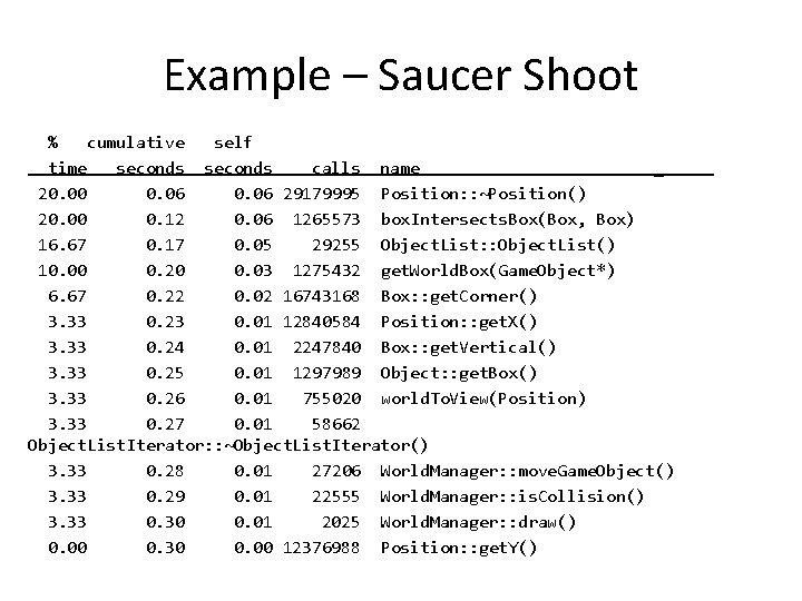 Example – Saucer Shoot % cumulative self time seconds calls name _ 20. 00