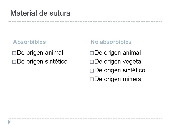 Material de sutura Absorbibles No absorbibles � De origen animal � De origen sintético