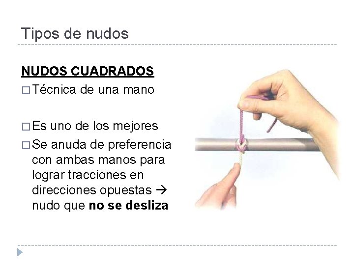 Tipos de nudos NUDOS CUADRADOS � Técnica de una mano � Es uno de