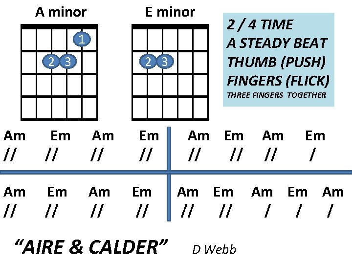 A minor E minor 1 2 3 2 / 4 TIME A STEADY BEAT