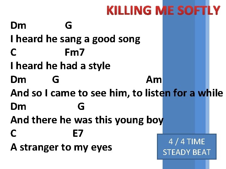 KILLING ME SOFTLY Dm G I heard he sang a good song C Fm