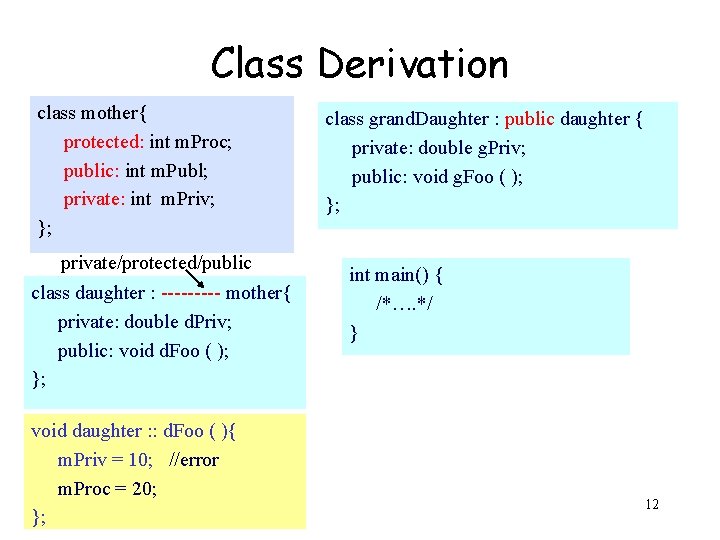 Class Derivation class mother{ protected: int m. Proc; public: int m. Publ; private: int