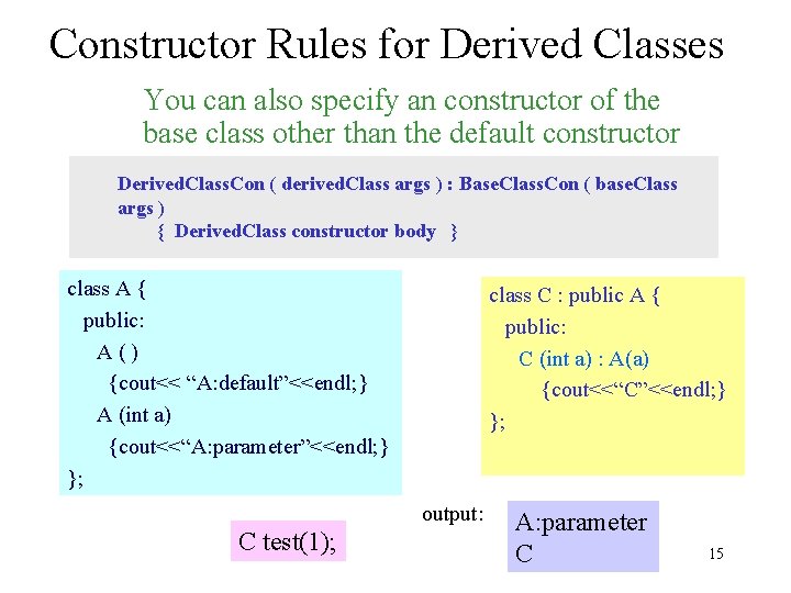 Constructor Rules for Derived Classes You can also specify an constructor of the base