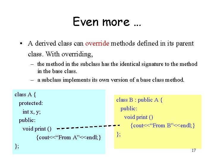 Even more … • A derived class can override methods defined in its parent