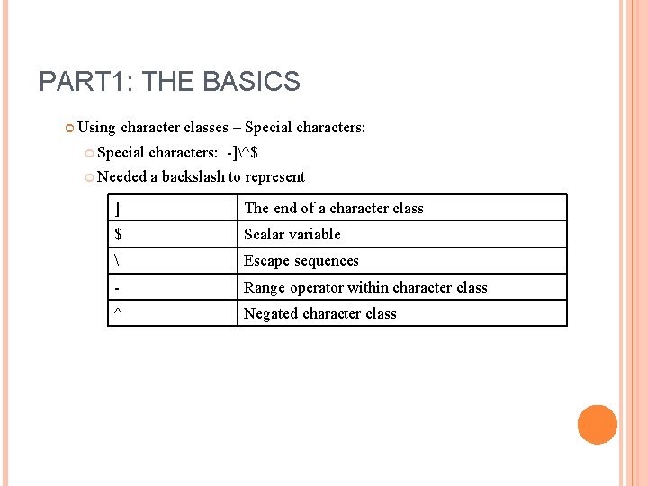 PART 1: THE BASICS Using character classes – Special characters: -]^$ Needed a backslash