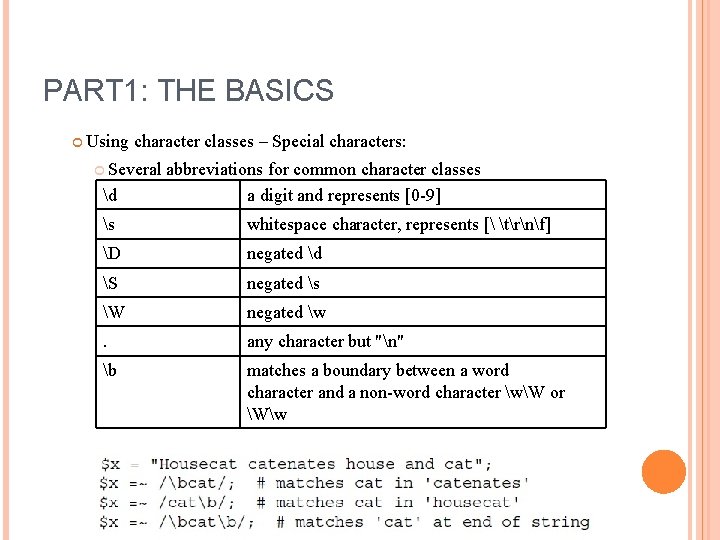 PART 1: THE BASICS Using character classes – Special characters: Several d abbreviations for