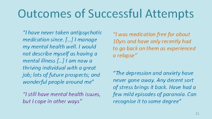 Outcomes of Successful Attempts “I have never taken antipsychotic medication since. […] I manage