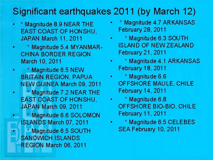 Significant earthquakes 2011 (by March 12) • * Magnitude 8. 9 NEAR THE EAST