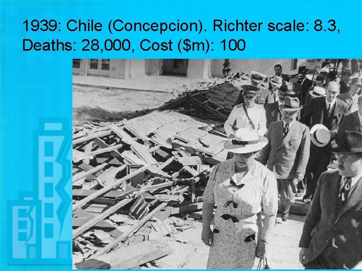 1939: Chile (Concepcion). Richter scale: 8. 3, Deaths: 28, 000, Cost ($m): 100 