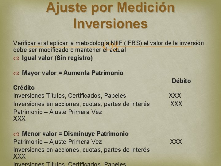 Ajuste por Medición Inversiones Verificar si al aplicar la metodología NIIF (IFRS) el valor