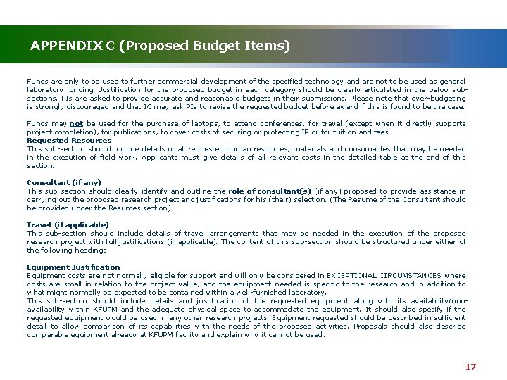 APPENDIX C (Proposed Budget Items) Funds are only to be used to further commercial