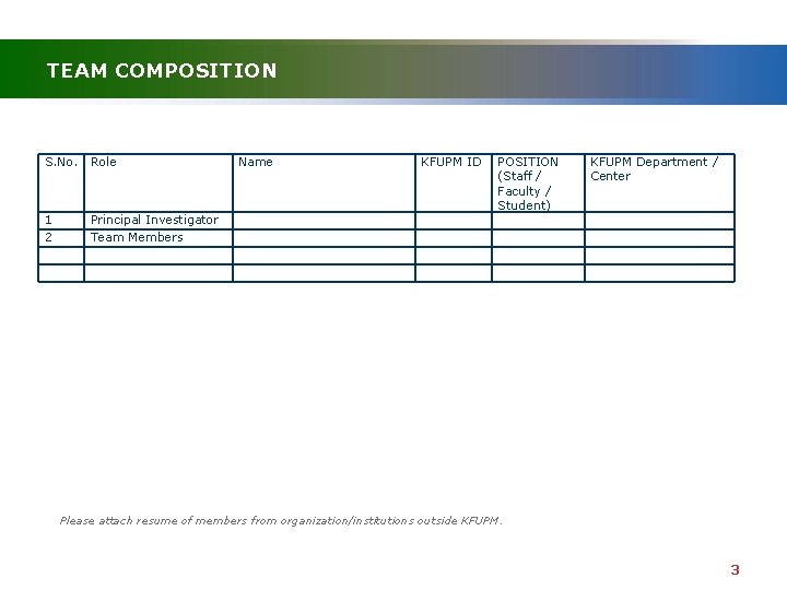 TEAM COMPOSITION S. No. Role Name KFUPM ID 1 2 Principal Investigator Team Members