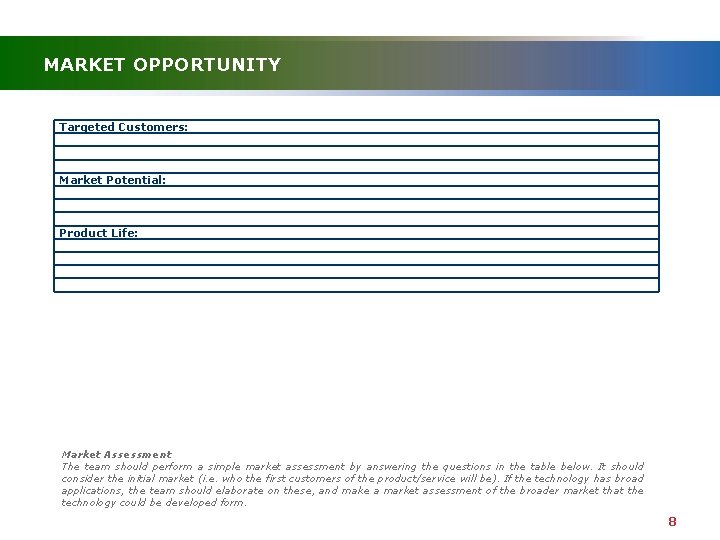 MARKET OPPORTUNITY Targeted Customers: Market Potential: Product Life: Market Assessment The team should perform