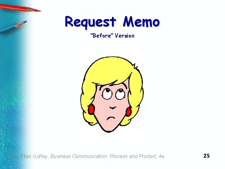 Request Memo “Before” Version Mary Ellen Guffey, Business Communication: Process and Product, 4 e