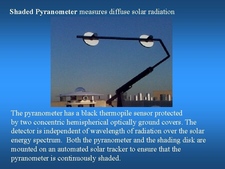 Shaded Pyranometer measures diffuse solar radiation The pyranometer has a black thermopile sensor protected