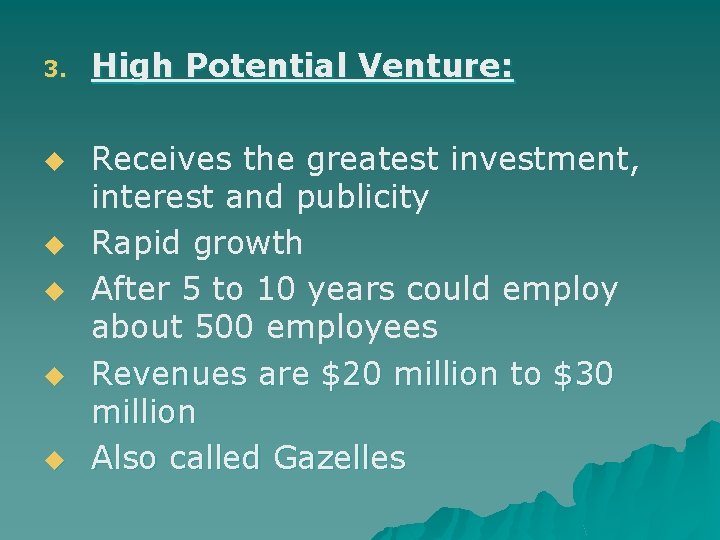 3. u u u High Potential Venture: Receives the greatest investment, interest and publicity