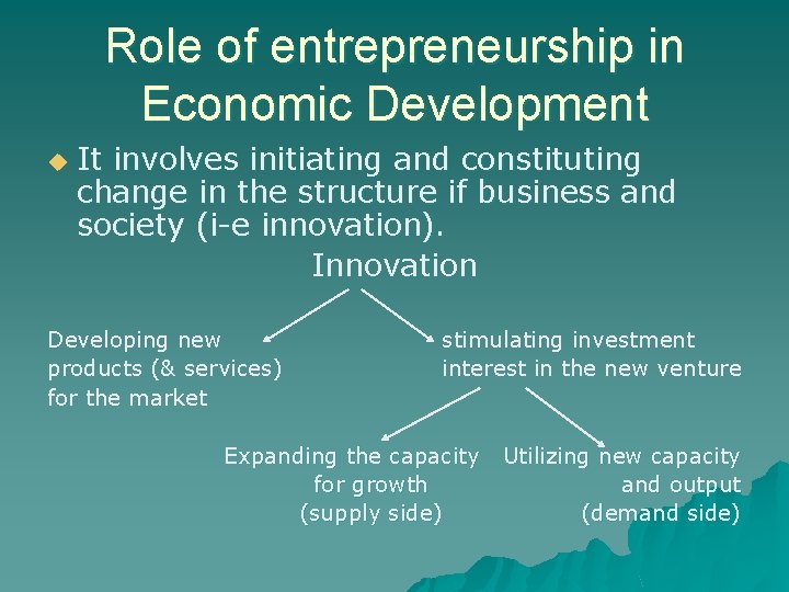 Role of entrepreneurship in Economic Development u It involves initiating and constituting change in