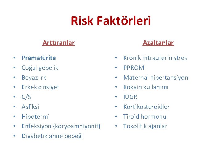 Risk Faktörleri Arttıranlar • • • Prematürite Çoğul gebelik Beyaz ırk Erkek cinsiyet C/S