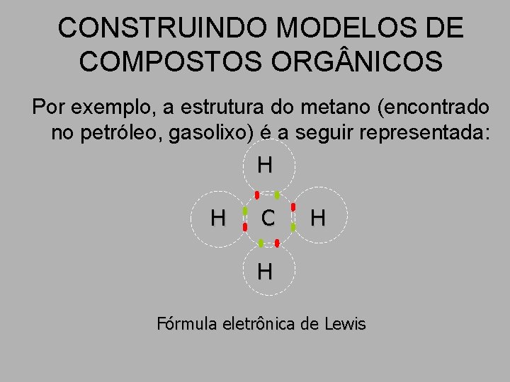CONSTRUINDO MODELOS DE COMPOSTOS ORG NICOS Por exemplo, a estrutura do metano (encontrado no CONSTRUINDO MODELOS DE COMPOSTOS ORG NICOS Por exemplo, a estrutura do metano (encontrado no