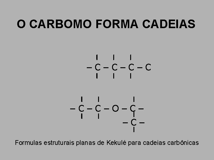 O CARBOMO FORMA CADEIAS –C–C–O–C– Formulas estruturais planas de Kekulé para cadeias carbônicas O CARBOMO FORMA CADEIAS –C–C–O–C– Formulas estruturais planas de Kekulé para cadeias carbônicas