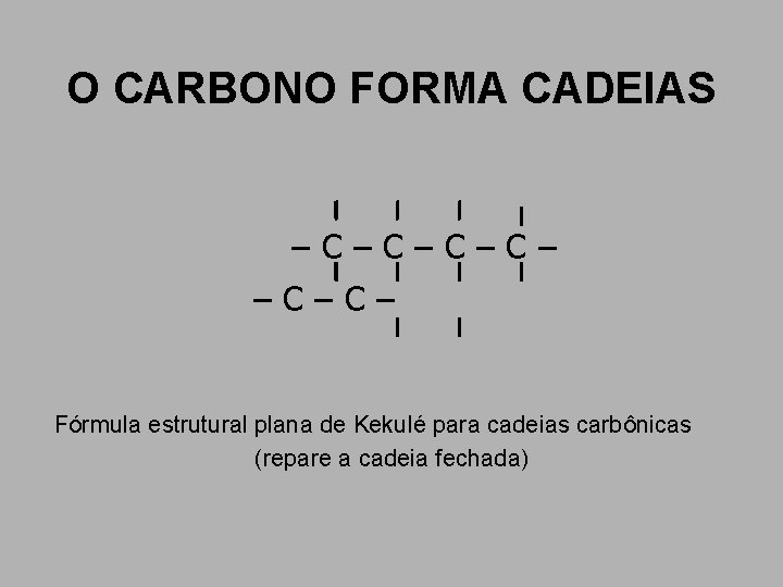 O CARBONO FORMA CADEIAS –C–C– Fórmula estrutural plana de Kekulé para cadeias carbônicas (repare O CARBONO FORMA CADEIAS –C–C– Fórmula estrutural plana de Kekulé para cadeias carbônicas (repare