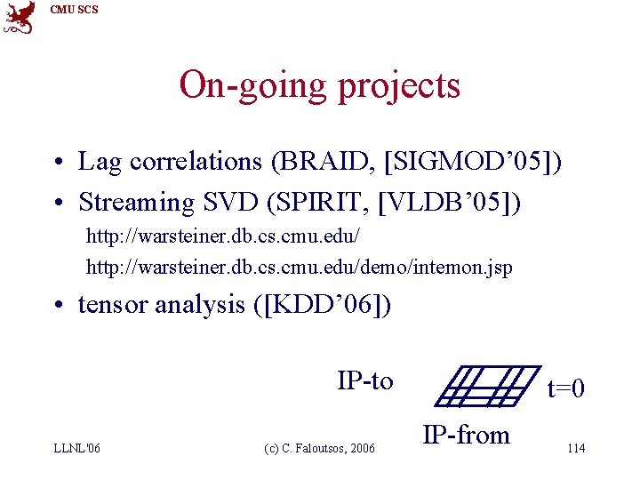 CMU SCS On-going projects • Lag correlations (BRAID, [SIGMOD’ 05]) • Streaming SVD (SPIRIT,