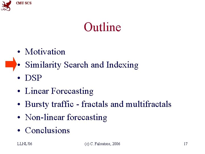 CMU SCS Outline • • Motivation Similarity Search and Indexing DSP Linear Forecasting Bursty