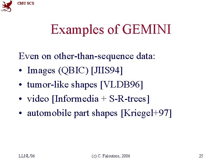 CMU SCS Examples of GEMINI Even on other-than-sequence data: • Images (QBIC) [JIIS 94]