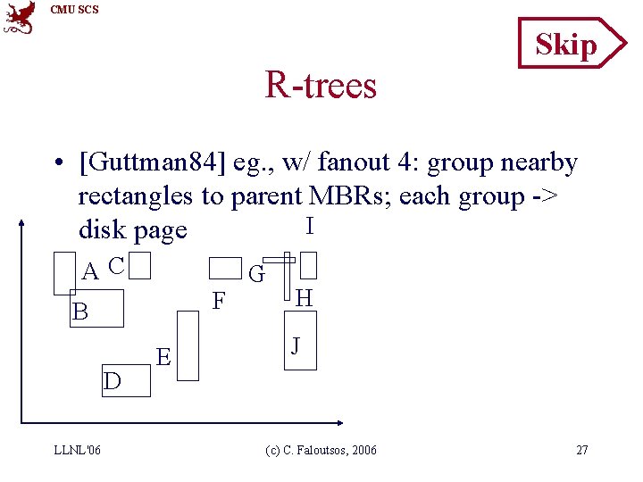CMU SCS Skip R-trees • [Guttman 84] eg. , w/ fanout 4: group nearby