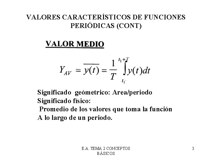 VALORES CARACTERÍSTICOS DE FUNCIONES PERIÓDICAS (CONT) Significado geómetrico: Area/periodo Significado físico: Promedio de los