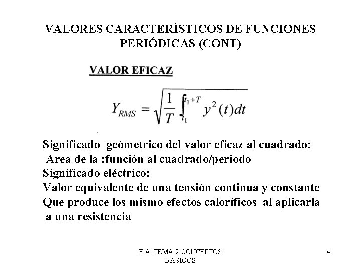 VALORES CARACTERÍSTICOS DE FUNCIONES PERIÓDICAS (CONT) Significado geómetrico del valor eficaz al cuadrado: Area