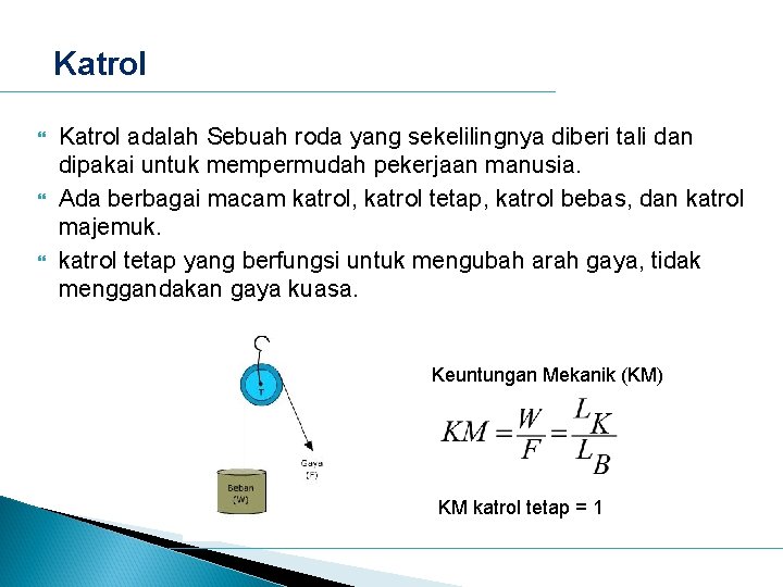 Katrol Katrol adalah Sebuah roda yang sekelilingnya diberi tali dan dipakai untuk mempermudah pekerjaan