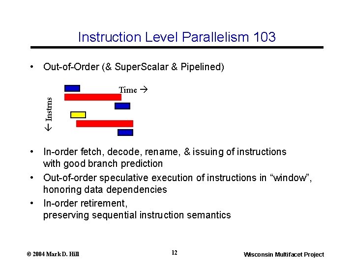 Instruction Level Parallelism 103 • Out-of-Order (& Super. Scalar & Pipelined) Instrns Time • Instruction Level Parallelism 103 • Out-of-Order (& Super. Scalar & Pipelined) Instrns Time •